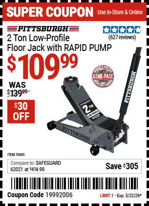 www.hfqpdb.com - PITTSBURGH 2 TON LOW-PROFILE FLOOR JACK WITH RAPID PUMP, SLATE GRAY Lot No. 70485