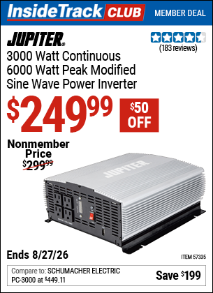 Harbor Freight JUPITER 3000 WATT CONTINUOUS/6000 WATT PEAK MODIFIED SINE WAVE POWER INVERTER coupon
