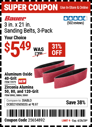 www.hfqpdb.com - BAUER 3 IN. X 21 IN. SANDING BELTS, 3-PACK Lot No. 58884/58901/58902/73979