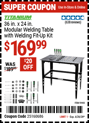 www.hfqpdb.com - TITANIUM 36 IN. X 24 IN. MODULAR WELDING TABLE WITH WELDING FIT-UP KIT Lot No. 59403