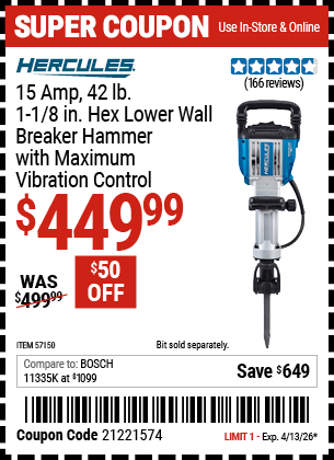 www.hfqpdb.com - HERCULES 15 AMP, 42 LB., 1-1/8 IN. HEX LOWER WALL BREAKER HAMMER WITH MAXIMUM VIBRATION CONTROL Lot No. 57150