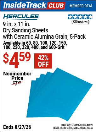 Harbor Freight HERCULES 9 IN. X 11 IN. DRY SANDING SHEETS WITH CERAMIC ALUMINA GRAIN, 5-PACK coupon