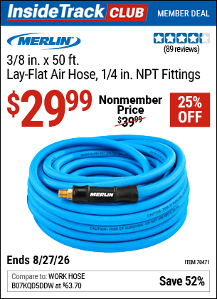 Harbor Freight MERLIN 3/8 IN. X 50 FT. LAY-FLAT AIR HOSE, 1/4 IN. NPT FITTINGS coupon