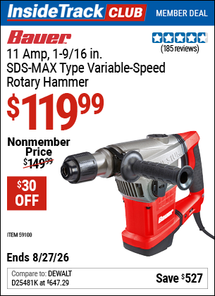 Harbor Freight BAUER 11 AMP, 1-9/16 IN. SDS-MAX TYPE VARIABLE-SPEED ROTARY HAMMER coupon