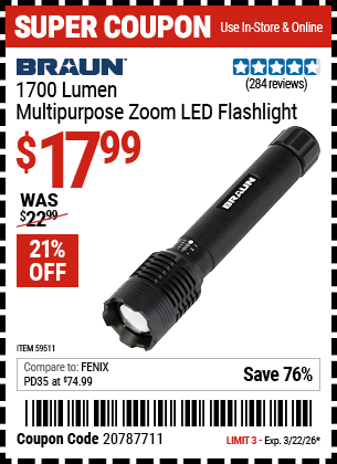 www.hfqpdb.com - BRAUN 1700 LUMEN MULTIPURPOSE ZOOM LED FLASHLIGHT Lot No. 59511
