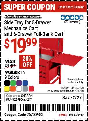 www.hfqpdb.com - U.S. GENERAL SIDE TRAY FOR 5-DRAWER MECHANICS CART AND 6-DRAWER FULL-BANK CART Lot No. 59197/70694/59446/59447/59448/59449/59445/59444/59636
