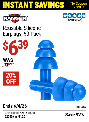 www.hfqpdb.com - RANGER REUSABLE SILICONE EARPLUGS, 50-PACK Lot No. 58455