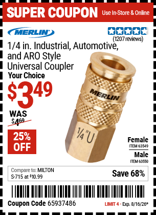 Harbor Freight MERLIN 1/4 IN. INDUSTRIAL, AUTOMOTIVE, AND ARO STYLE UNIVERSAL COUPLER coupon