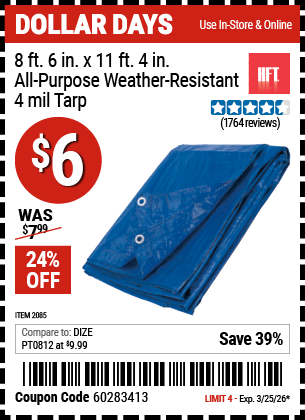 www.hfqpdb.com - HFT 8 FT. 6 IN. X 11 FT. 4 IN. BLUE ALL-PURPOSE WEATHER-RESISTANT 4 MIL TARP Lot No. 2085
