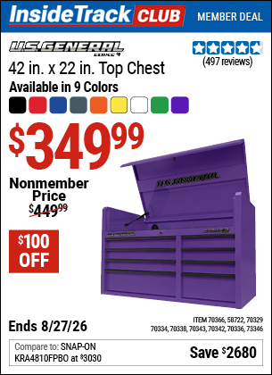 Harbor Freight U.S. GENERAL 42 IN. X 22 IN. TOP CHEST, SERIES 3 coupon