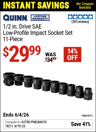 www.hfqpdb.com - QUINN 1/2 IN. DRIVE SAE LOW-PROFILE IMPACT SOCKET SET, 11-PIECE Lot No. 59771