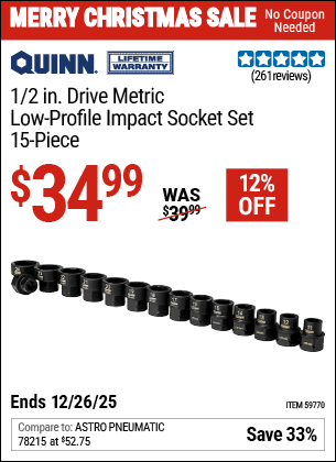 Harbor Freight QUINN 1/2 IN. DRIVE METRIC LOW-PROFILE IMPACT SOCKET SET, 15-PIECE coupon