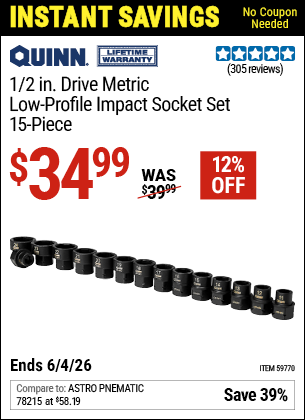 www.hfqpdb.com - QUINN 1/2 IN. DRIVE METRIC LOW-PROFILE IMPACT SOCKET SET, 15-PIECE Lot No. 59770