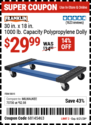 www.hfqpdb.com - FRANKLIN 30 IN. X 18 IN., 1000 LB. CAPACITY POLYPROPYLENE DOLLY Lot No. 58315