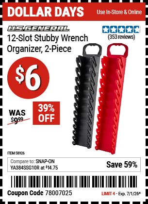 www.hfqpdb.com - U.S. GENERAL 12-SLOT STUBBY WRENCH ORGANIZER, 2-PIECE Lot No. 58926