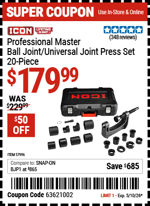 www.hfqpdb.com - ICON PROFESSIONAL MASTER BALL JOINT/UNIVERSAL JOINT PRESS SET, 20-PIECE Lot No. 57996
