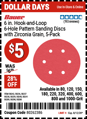 Harbor Freight BAUER 6 IN. HOOK-AND-LOOP 6-HOLE PATTERN SANDING DISCS WITH ZIRCONIA GRAIN, 5-PACK coupon