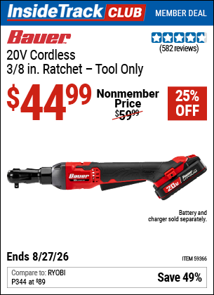 Harbor Freight BAUER 20V CORDLESS, 3/8 IN. RATCHET - TOOL ONLY coupon