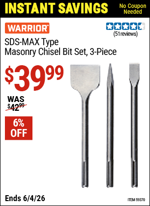 www.hfqpdb.com - WARRIOR SDS-MAX TYPE MASONRY CHISEL BIT SET, 3-PIECE Lot No. 59370