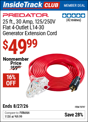 Harbor Freight PREDATOR 25 FT., 30 AMP, 125/250V FLAT 4-OUTLET L14-30 GENERATOR EXTENSION CORD coupon