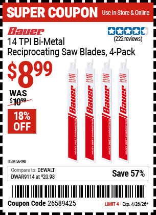 www.hfqpdb.com - BAUER 14 TPI BI-METAL RECIPROCATING SAW BLADES, 4-PACK Lot No. 56498