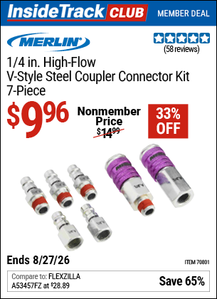 Harbor Freight MERLIN 1/4 IN. HIGH-FLOW V-STYLE STEEL COUPLER CONNECTOR KIT, 7-PIECE coupon