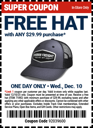 www.hfqpdb.com - HARBOR FREIGHT HAT Lot No. 71029
