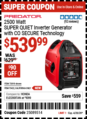 www.hfqpdb.com - PREDATOR 2500 WATT SUPER QUIET INVERTER GENERATOR WITH CO SECURE TECHNOLOGY Lot No. 72010/73422