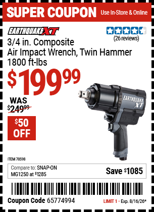 Harbor Freight EARTHQUAKE XT 3/4 IN. COMPOSITE AIR IMPACT WRENCH, TWIN HAMMER, 1800 FT-LBS coupon