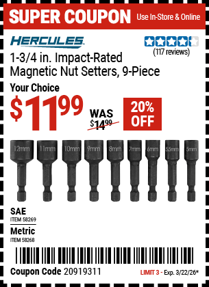 www.hfqpdb.com - HERCULES 1-3/4 IN. IMPACT-RATED MAGNETIC NUT SETTERS, 9-PIECE Lot No. 58268/58269