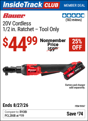Harbor Freight BAUER 20V CORDLESS, 1/2 IN. RATCHET - TOOL ONLY coupon