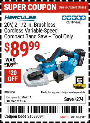 www.hfqpdb.com - HERCULES 20V, 2-1/2 IN. BRUSHLESS CORDLESS VARIABLE-SPEED COMPACT BAND SAW Lot No. 59796