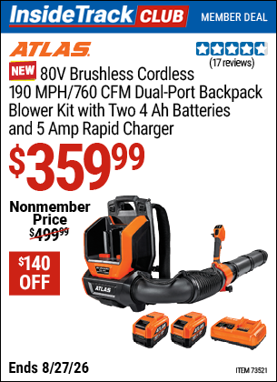 Harbor Freight ATLAS 80V DUAL-PORT BACKPACK BLOWER KIT WITH 2 4AH BATTERIES AND 5A RAPID CHARGER coupon