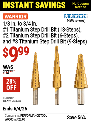 www.hfqpdb.com - WARRIOR 1/8 IN. TO 3/4 IN. #1 TITANIUM STEP DRILL BIT SET (13-STEPS), #2 (6-STEPS), AND #3 (9-STEPS) Lot No. 91616/69087/60379