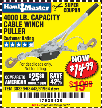 Harbor Freight Tools Coupon Database - Free coupons, 25 percent off  coupons, toolbox coupons - 4000 LB. CAPACITY CABLE WINCH PULLER