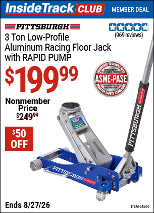 Harbor Freight PITTSBURGH 3 TON LOW-PROFILE ALUMINUM RACING FLOOR JACK WITH RAPID PUMP coupon