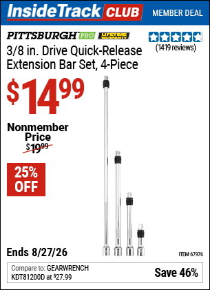Harbor Freight PITTSBURGH PRO 3/8 IN. DRIVE QUICK-RELEASE EXTENSION BAR SET, 4-PIECE coupon