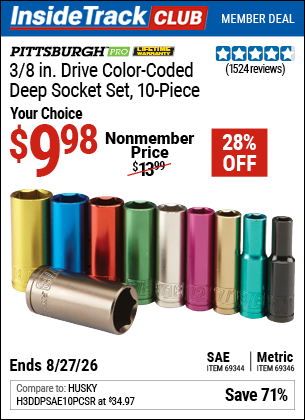 Harbor Freight PITTSBURGH PRO 3/8 IN. DRIVE COLOR-CODED DEEP SOCKET SET, 10-PIECE coupon
