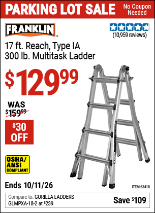 Harbor Freight FRANKLIN 17 FT. REACH, TYPE IA, 300 LB. MULTITASK LADDER coupon