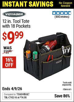 Harbor Freight Coupon VOYAGER 12 IN. TOOL TOTE WITH 18 POCKETS Lot No. 61471 Expired: 4/9/26 - $9.99