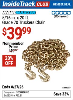 Harbor Freight ITC Coupon HAUL-MASTER 5/16 IN. X 20 FT. GRADE 70 TRUCKERS CHAIN Lot No. 60667 Valid Thru: 8/27/26 - $39.99