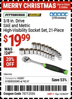 Harbor Freight Coupon PITTSBURGH 3/8 IN. DRIVE SAE AND METRIC HIGH VISIBILITY SOCKET SET, 21-PIECE Lot No. 61954 Expired: 12/28/25 - $19.99