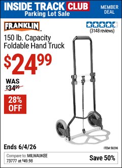 Harbor Freight ITC Coupon FRANKLIN 150 LB. CAPACITY FOLDABLE HAND TRUCK Lot No. 58298 Expired: 6/4/26 - $24.99