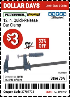 Harbor Freight Coupon PITTSBURGH 12 IN. QUICK-RELEASE BAR CLAMP Lot No. 96214 Expired: 12/31/25 - $3