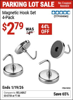 Harbor Freight Coupon MAGNETIC HOOK SET, 4-PACK Lot No. 98502 Expired: 12/31/69 - $2.79