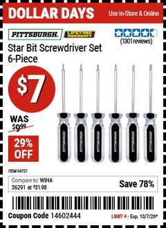 Harbor Freight Coupon PITTSBURGH STAR BIT SCREWDRIVER SET, 6-PIECE Lot No. 94757 Expired: 10/7/26 - $7