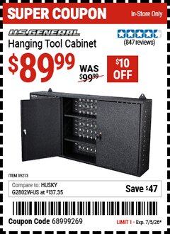 Harbor Freight Coupon U.S. GENERAL HANGING TOOL CABINET Lot No. 39213 Valid Thru: 7/5/26 - $89.99