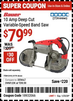 Harbor Freight Coupon BAUER 10 AMP DEEP CUT VARIABLE-SPEED BAND SAW Lot No. 64194/63444 Expired: 1/25/26 - $79.99