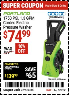 Harbor Freight Coupon 1750 PSI ELECTRIC PRESSURE WASHER Lot No. 63254/63255 Expired: 5/26/24 - $74.99