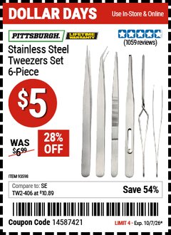 Harbor Freight Coupon PITTSBURGH STAINLESS STEEL TWEEZERS SET, 6-PIECE Lot No. 93598 Expired: 10/7/26 - $5